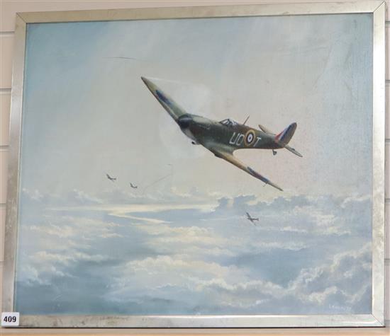 S.N. White, oil on canvas, Spitfires in flight, signed and dated 77, 50 x 60cm